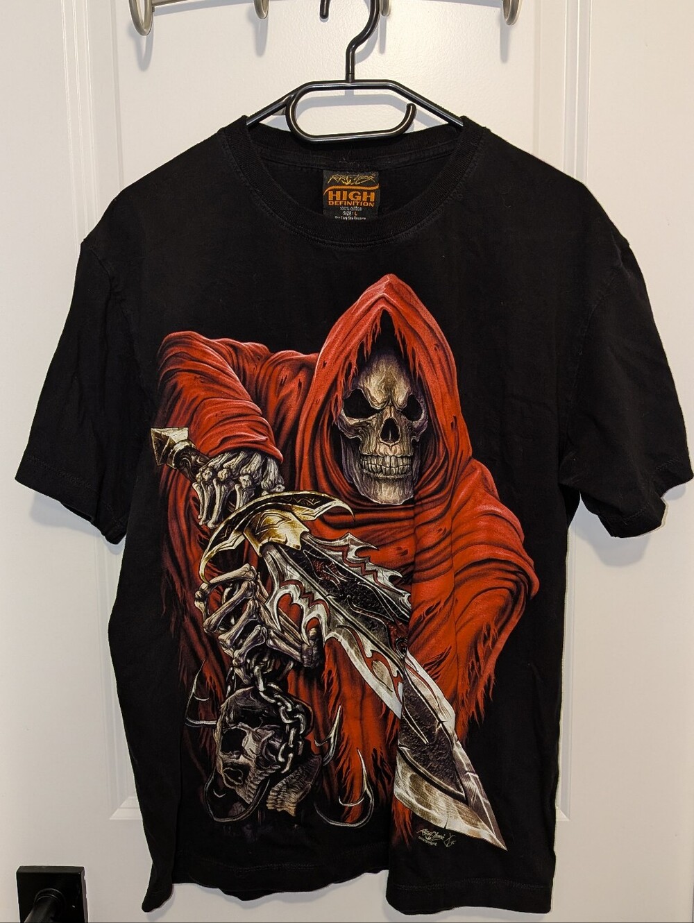 Black Short-Sleeve Tee with Red Reaper Graphic